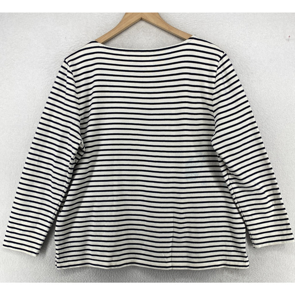 TALBOTS Top XLp Petite Floral Embroidered Striped Long Sleeve Cotton White Black - Picture 3 of 15